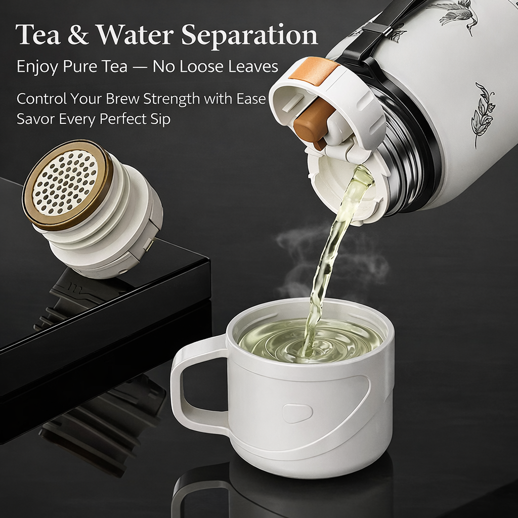 Premium 2-in-1 Insulated Tea Bottle with Cup Lid & Infuser  316L Stainless Steel Leakproof Travel Tea Thermos (Flower Design)