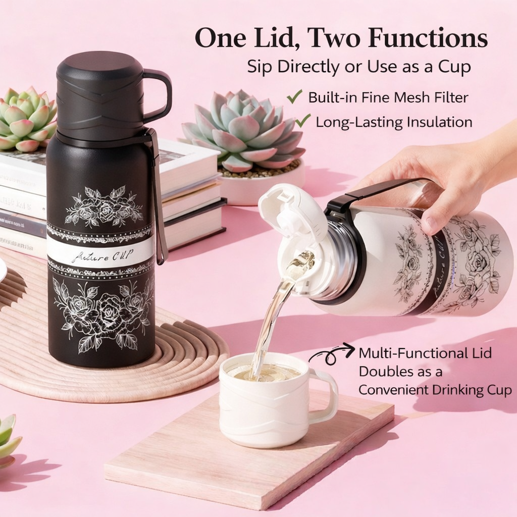 Premium 2-in-1 Insulated Tea Bottle with Cup Lid & Infuser  316L Stainless Steel Leakproof Travel Tea Thermos (Flower Design)