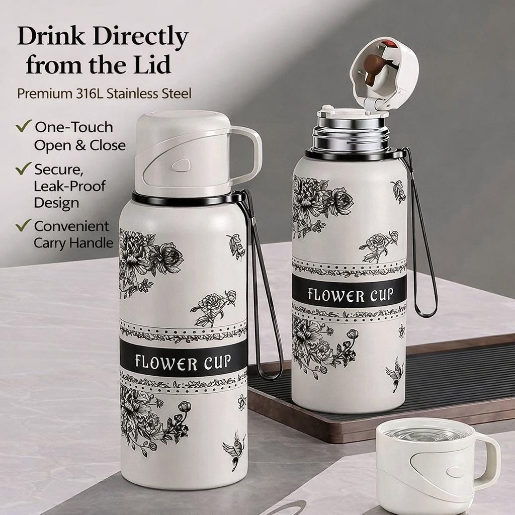 Premium 2-in-1 Insulated Tea Bottle with Cup Lid & Infuser  316L Stainless Steel Leakproof Travel Tea Thermos (Flower Design)