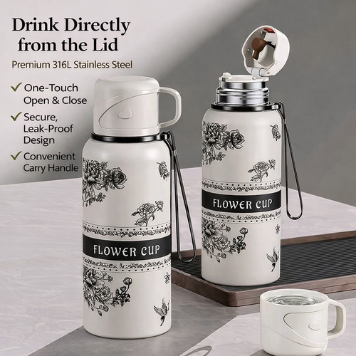 Premium 2-in-1 Insulated Tea Bottle with Cup Lid & Infuser  316L Stainless Steel Leakproof Travel Tea Thermos (Flower Design)