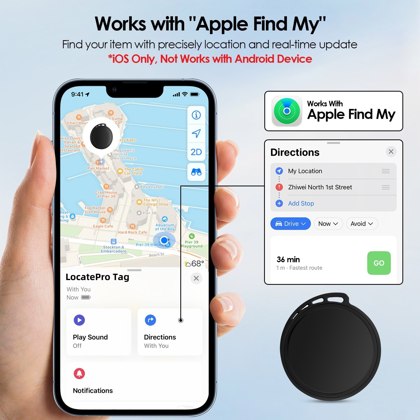 LocatePro Tag for Apple device positioning tracker AirTag is suitable for the elderly, children, pets, luggages, bags, keys, wallets and travels