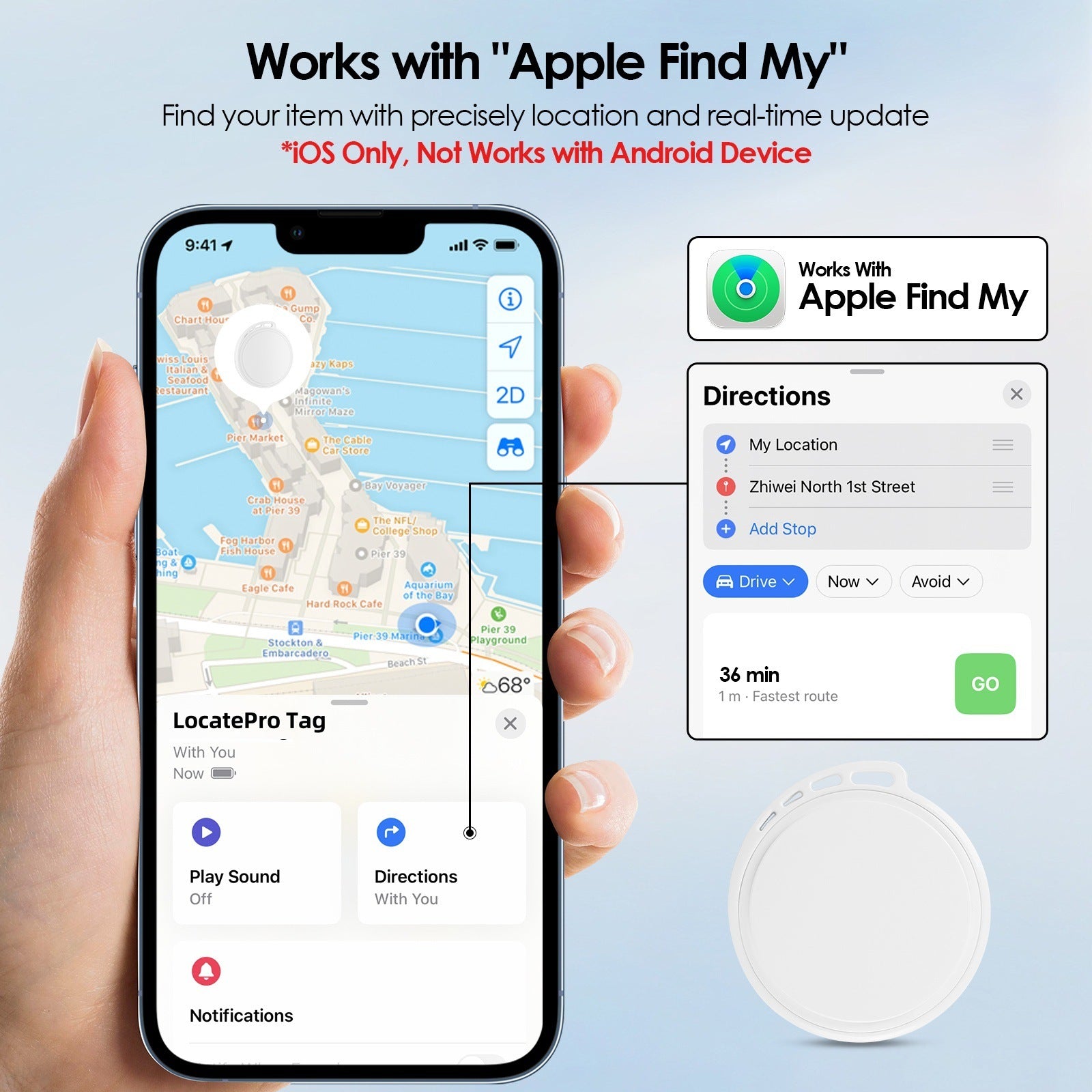 LocatePro Tag for Apple device positioning tracker AirTag is suitable for the elderly, children, pets, luggages, bags, keys, wallets and travels