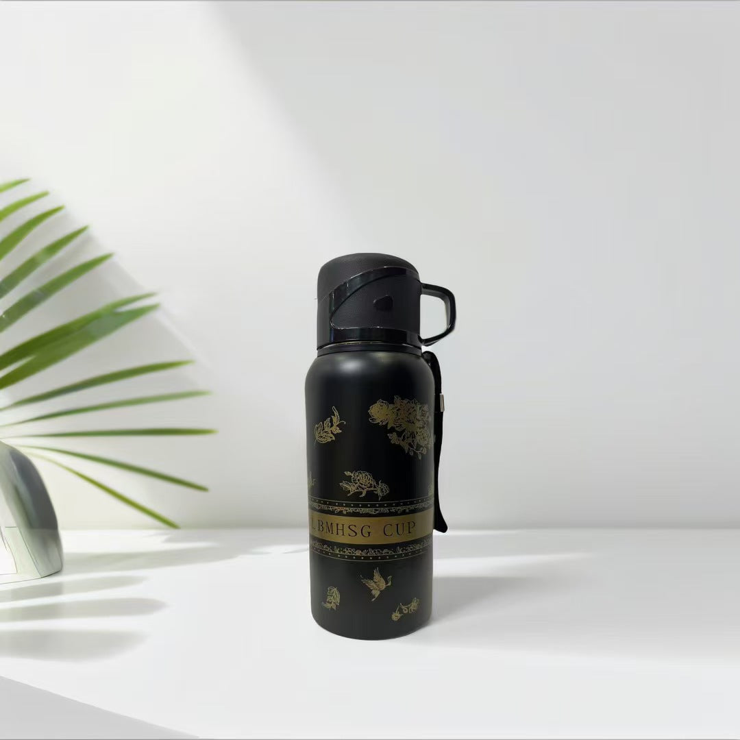 Premium 2-in-1 Insulated Tea Bottle with Cup Lid & Infuser  316L Stainless Steel Leakproof Travel Tea Thermos (Flower Design)